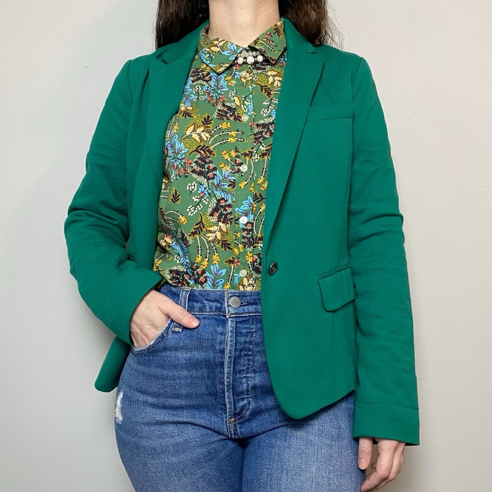 Loft Green Single Button Pinstripe Lined Blazer